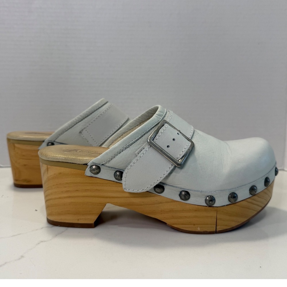 Free People Culver City Leather Buckle Studded Wooden Platform Clogs Mules Sz 37 - Picture 1 of 7
